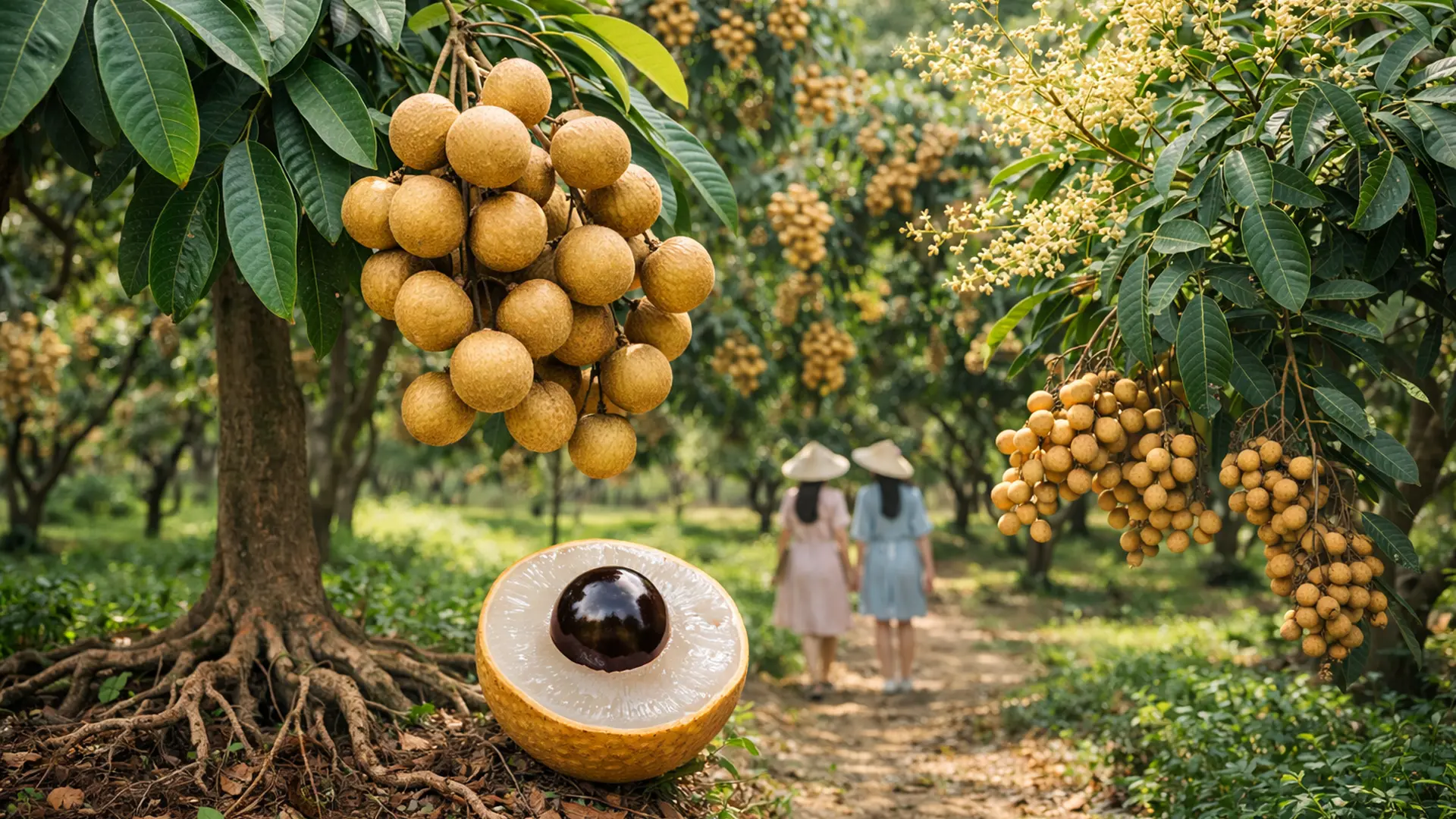Vườn nhãn với trái chín mọng.