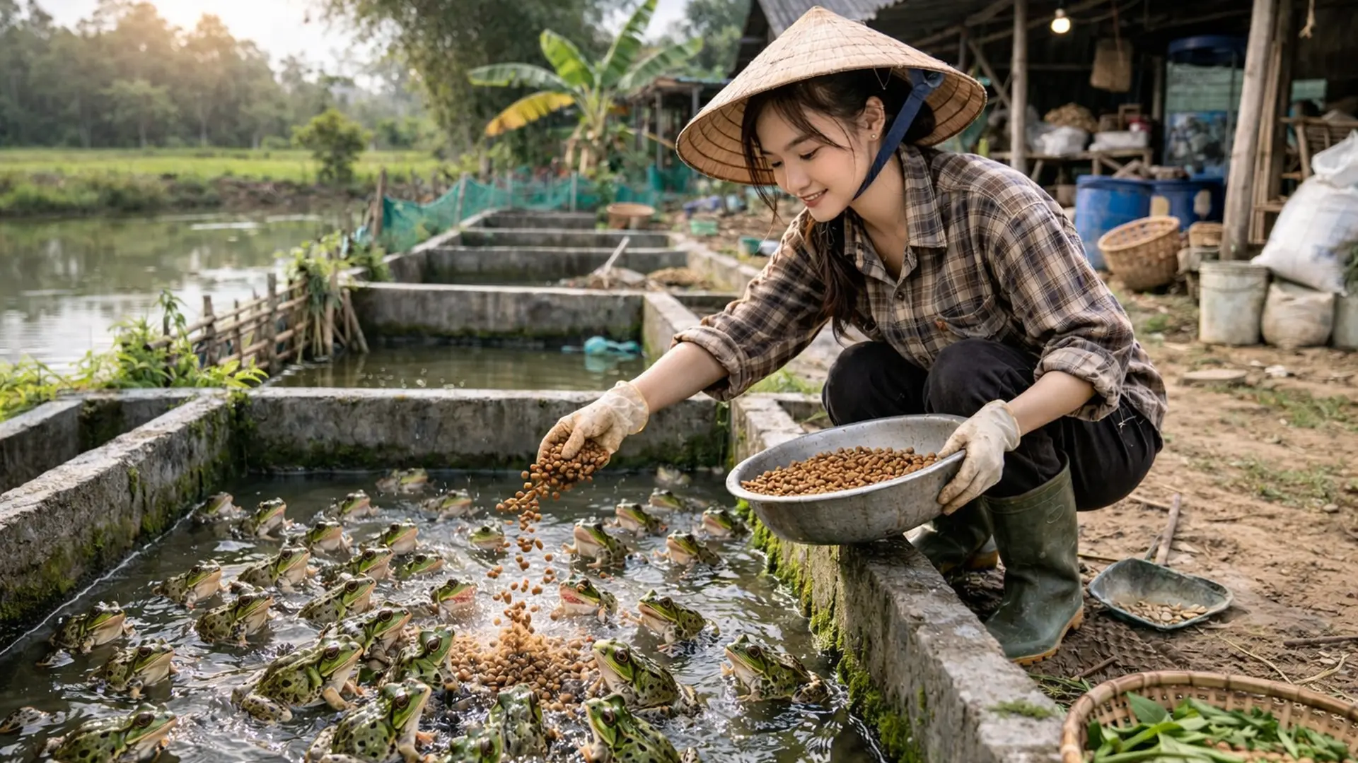 Nuôi ếch trong bể xi măng.